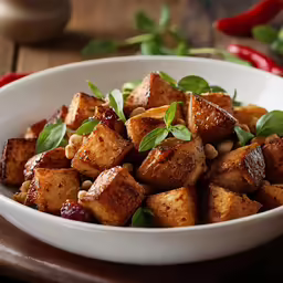 a white bowl with meat and greens on a table