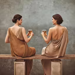 two woman sitting on a wooden bench drinking wine