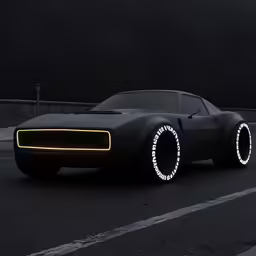 a black and white car with lights on