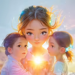 three little girls pose together with their sun shining behind them