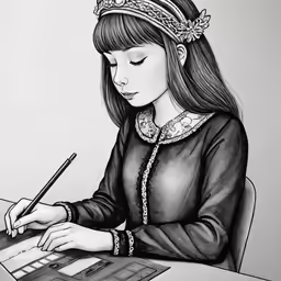 a woman writing something on her paper with a pencil