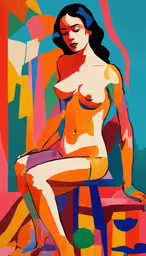 a woman with very large breast sitting on a stool,a colorful nude woman on a colorful couch
