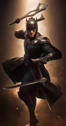 a man wearing a costume and helmet holds two swords