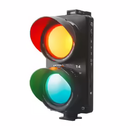 two traffic lights are showing different colors