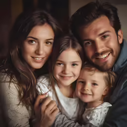 the family poses for a picture in their home