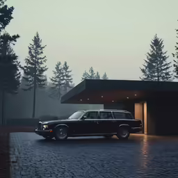 the limo is parked near a house