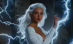 a woman dressed in white poses in a scene with lightning
