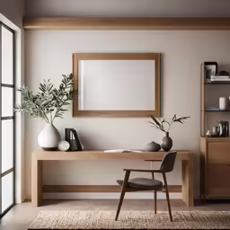 a wood desk with plant and mirror in the middle