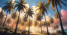 palm trees stand next to the ocean at sunset