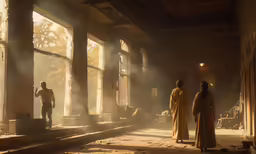 a couple of people standing inside of a large building