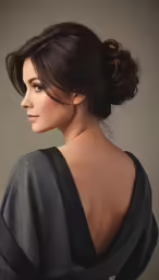 a young woman in a black dress poses with her back turned to the camera