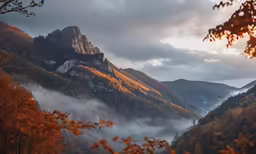 fog in the valleys below a mountain and a forest