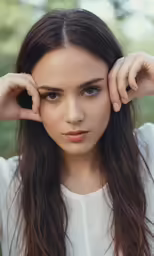 a young woman holding her hands near her face