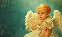 an angel with orange hair sits on a pedestal