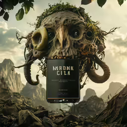 a skull with large, black eyes is stacked high on top of a pile of rocks