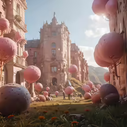 many balloons are floating above the buildings on this sunny day