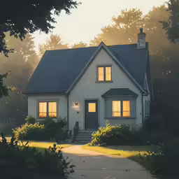 a white house is shown with the sun rising