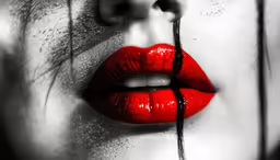a woman with red lips has her mouth open