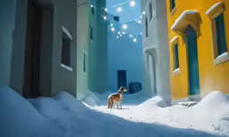 the dog stands on a street between two buildings
