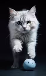 a cat is running with a ball in the dark