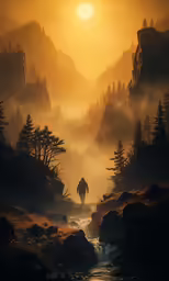 man walking through the middle of a river at sunset