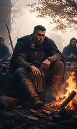 a man in armor sitting at a camp fire