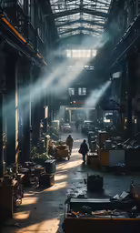 a picture of inside an industrial building filled with people