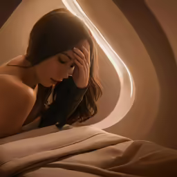 a woman wearing gloves is resting her head on a pillow in an airplane