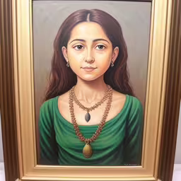 the oil painting shows a woman with necklaces on,a painting of a woman with a green dress,painting on canvas of girl in green with necklace,a painting of a young woman in a green shirt and necklace,the portrait of a young woman wearing a green shirt