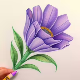 the drawing is colored and has one flower,someone is colored a flower with pastel pencils,the hand is drawing a beautiful flower with colored pencils,a hand drawn picture of two flowers on a white sheet,a hand with colored pencils is drawing a flower