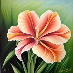 a painting of an orange flower on a green field,a flower with orange and yellow petals is shown,this painting shows a single flower in pastel pink and yellow,an image of a painting of a flower,a close up view of a flower in the grass