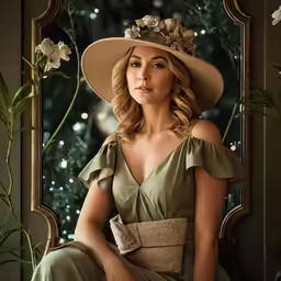 a lady sitting on a chair wearing a hat
