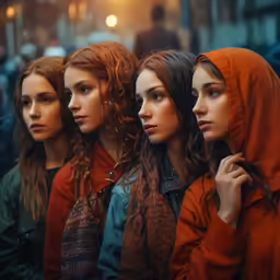 three women standing next to each other, all looking at something