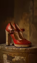 the shoe is sitting on top of a wooden block