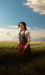 a girl standing in an open field of tall grass
