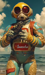 a man dressed as a robot standing on the beach