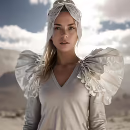 a beautiful young lady standing in a desert area