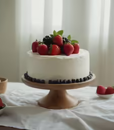 a white cake topped with berries on top of a wooden tray