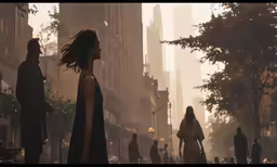 a woman and man in the street with an umbrella