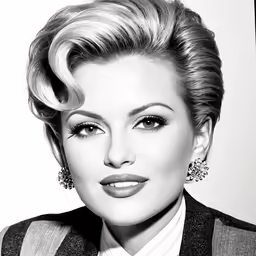 a woman with very short hair in a jacket and striped shirt