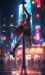 there is a girl with a long skirt on top of the street pole