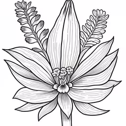 the flower in the vase has a flower inside it,the flower in the center of the image is an example of a bouquet,a flower drawing in line art style,a flower on a stick drawn by ink,a large flower and leaves with an open end