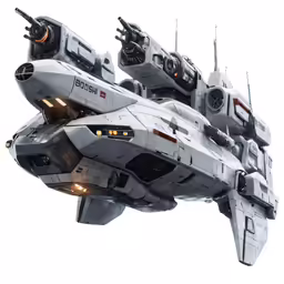 a futuristic military ship with lights on and propellers