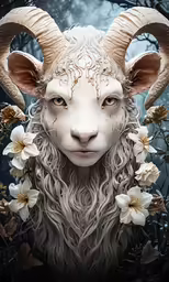 an animal wearing white has long hair and big horns
