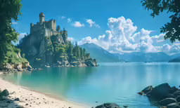 a beautiful scenery with an island and water