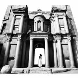 woman in a large white dress standing in a doorway in front of a big building