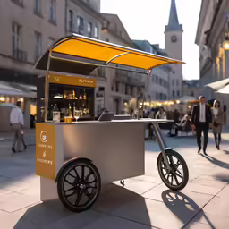 a street with a small cart that has food on top