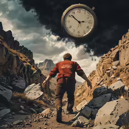 a man is walking away from an analog clock