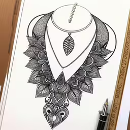 the drawing is being done with markers,an illustration of a necklace with leaves