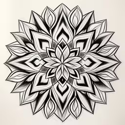 an intricate circular design in black and white,a drawing of a flower with black and white lines on the petals